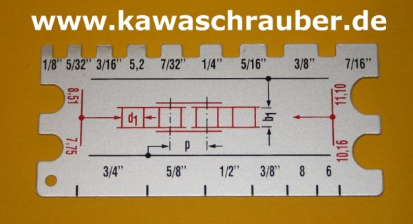 Kettenlehre mit Maßtabelle für alle gängigen Motorradketten