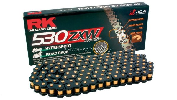 RK racing chain Antriebskette Kette 530ZXW black scale XW-Ring Profi-Motorradkette rennsporttauglich, Farbe schwarz mit goldenen Rollen