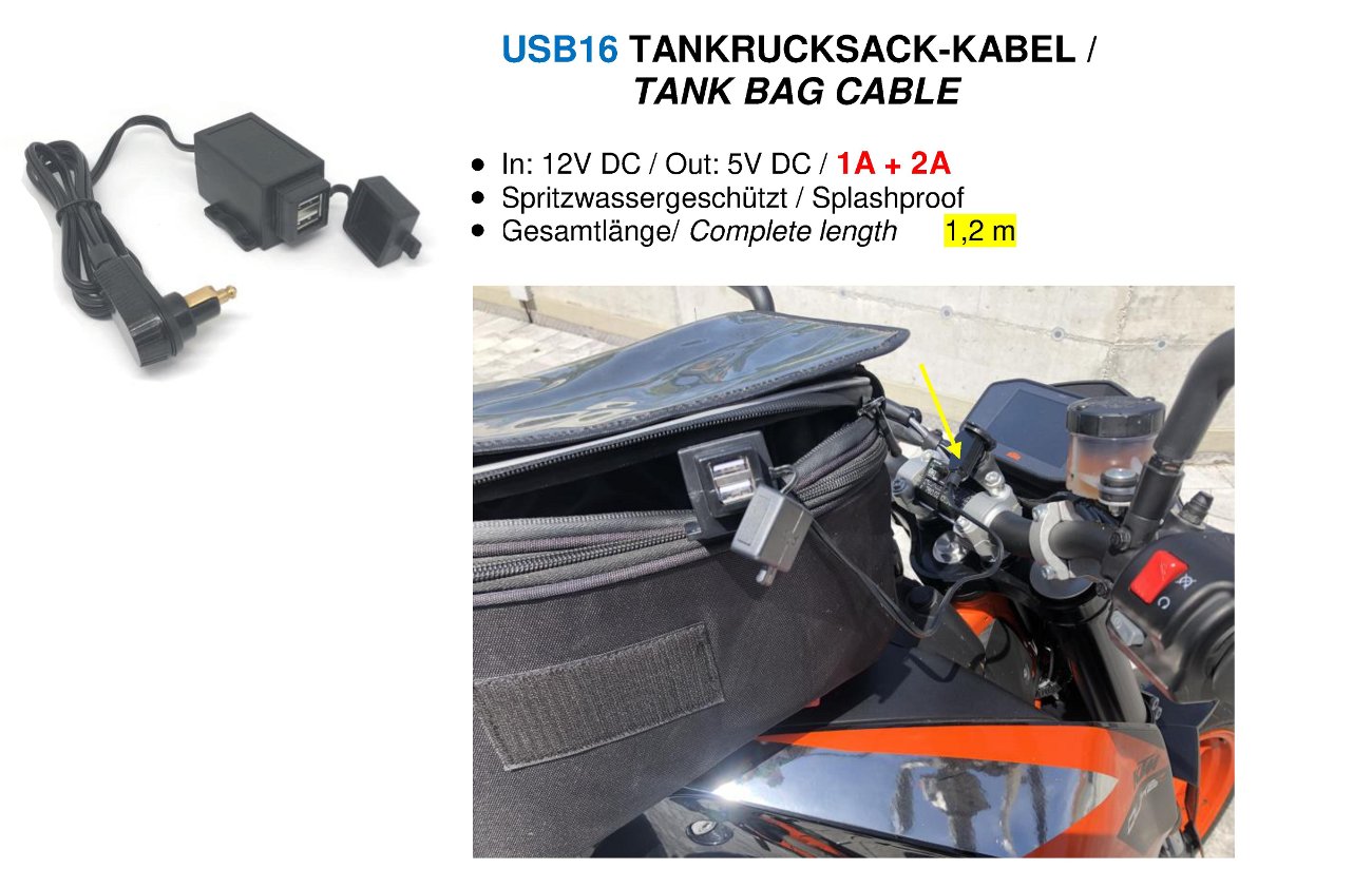 12V Doppel USB-Steckdose spritzwassergeschützt Tankrucksack-Kabel BAAS USB16